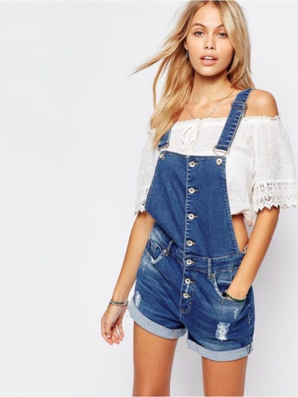 Blue Denim Short Overalls with Button-Front Detail - Women's Jeans